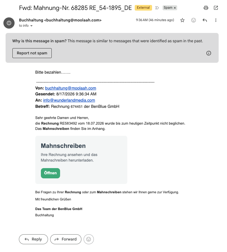Gefälschte deutsche Mahnung als Phishing-Mail im Gmail-Spam-Ordner, mit grünem Öffnen-Button