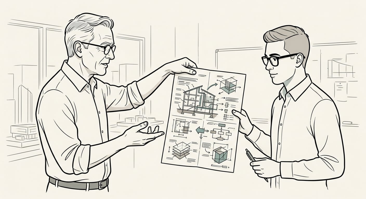 Ein Senior-Engineer brieft einen Junior mit detaillierten Architektur-Notizen, Disziplin statt Chaos