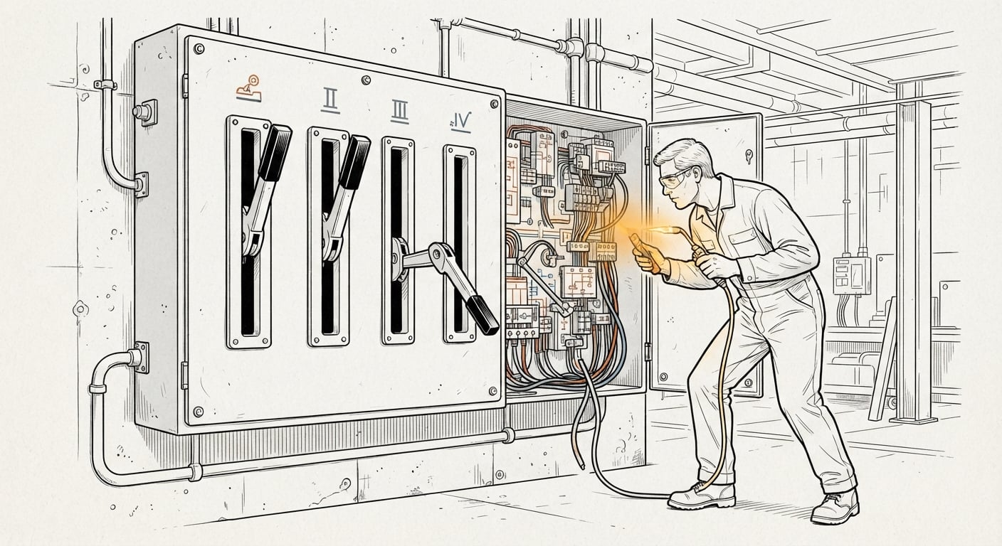 Ein Schaltpult, bei dem ein beschrifteter Hebel nicht mit der Maschine dahinter verbunden ist, während ein Techniker die Verkabelung prüft