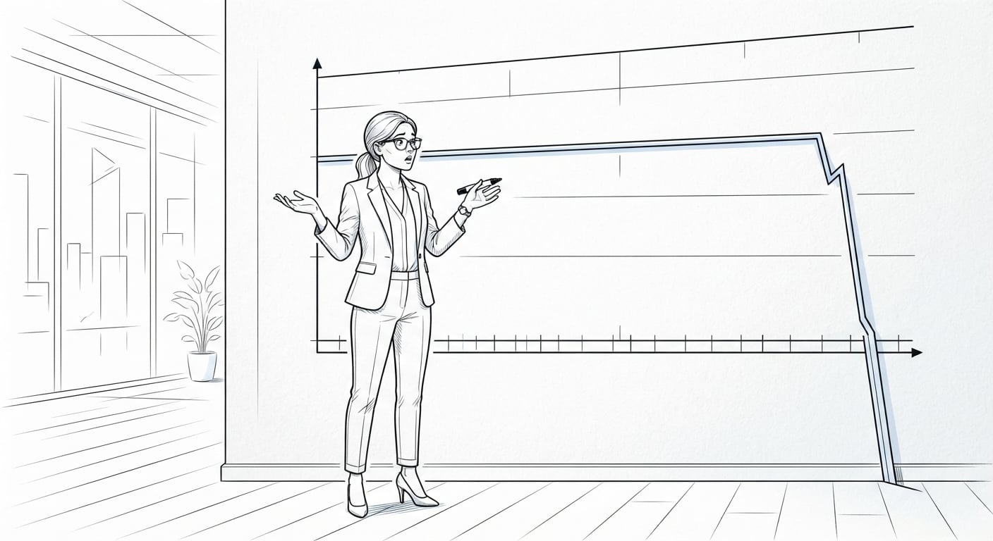 Ein Analyst zeigt auf ein Liniendiagramm, das von einer Klippe fällt
