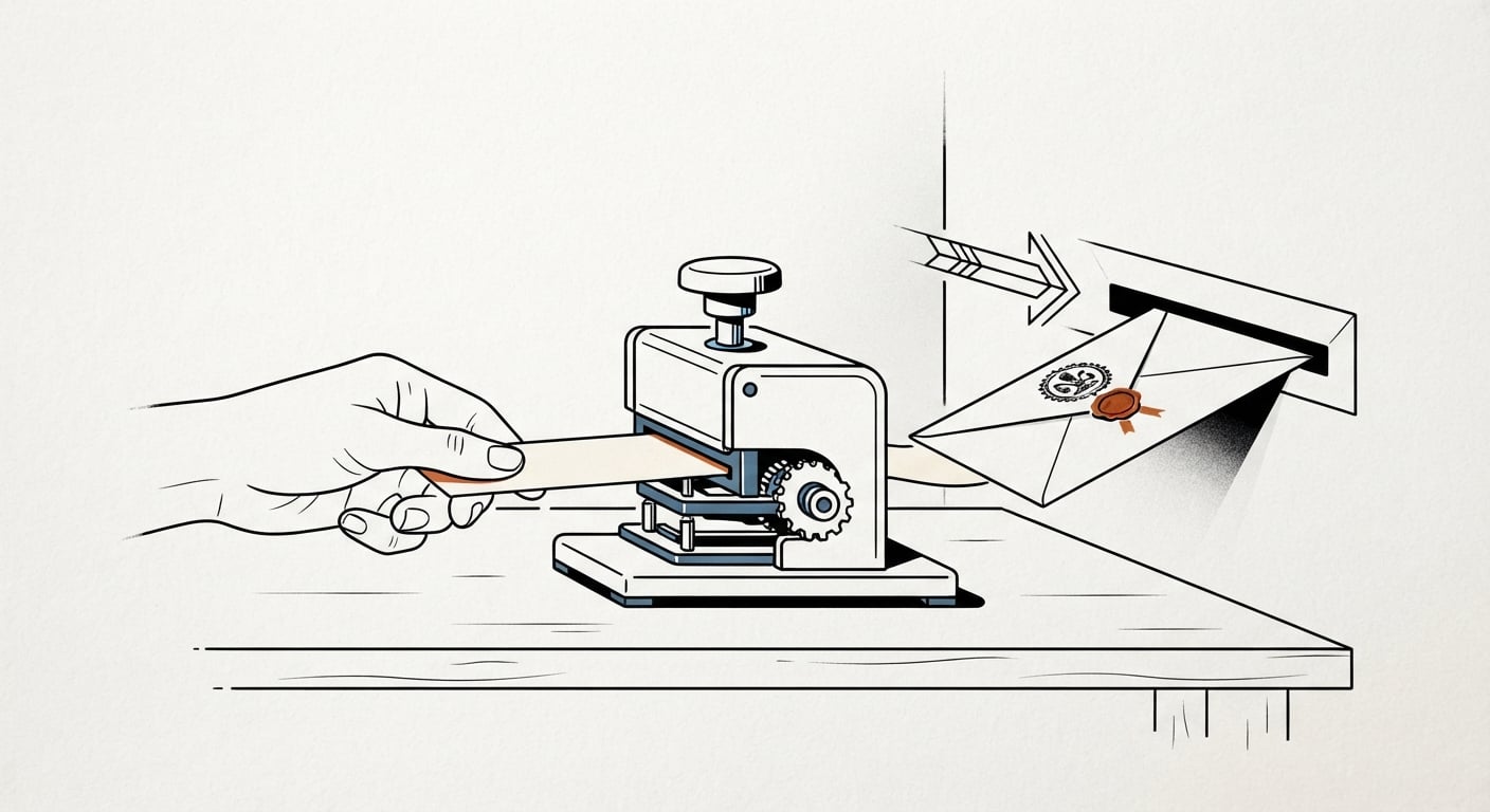 Ein Papierstreifen läuft in eine Stempelmaschine, die einen versiegelten Umschlag für einen beschrifteten Schlitz ausgibt