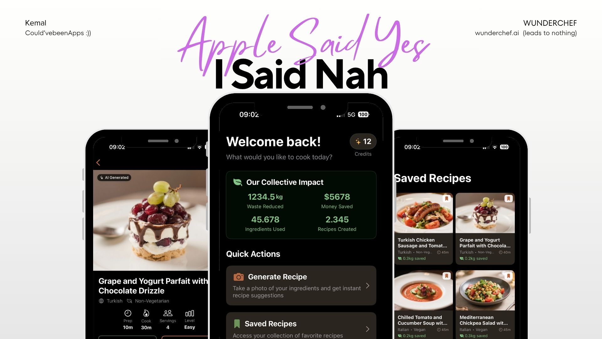 WunderChef App-Mockup mit Homescreen, gespeicherten Rezepten und Rezeptdetails