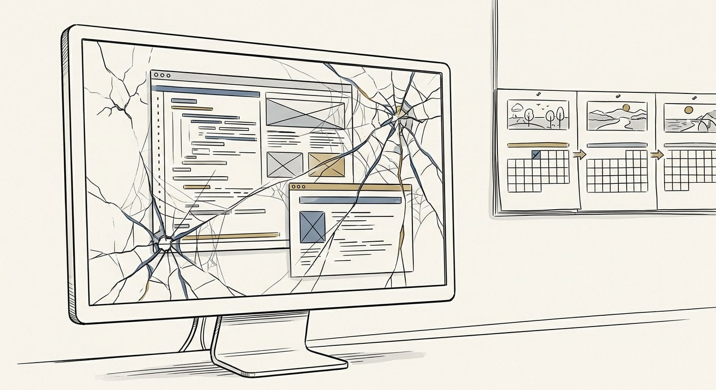 Website, die drei Monate nach AI-generiertem Deployment langsam Risse bekommt und verfällt