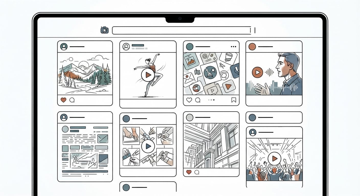 Suchergebnisseite voller Social-Posts und Video-Thumbnails