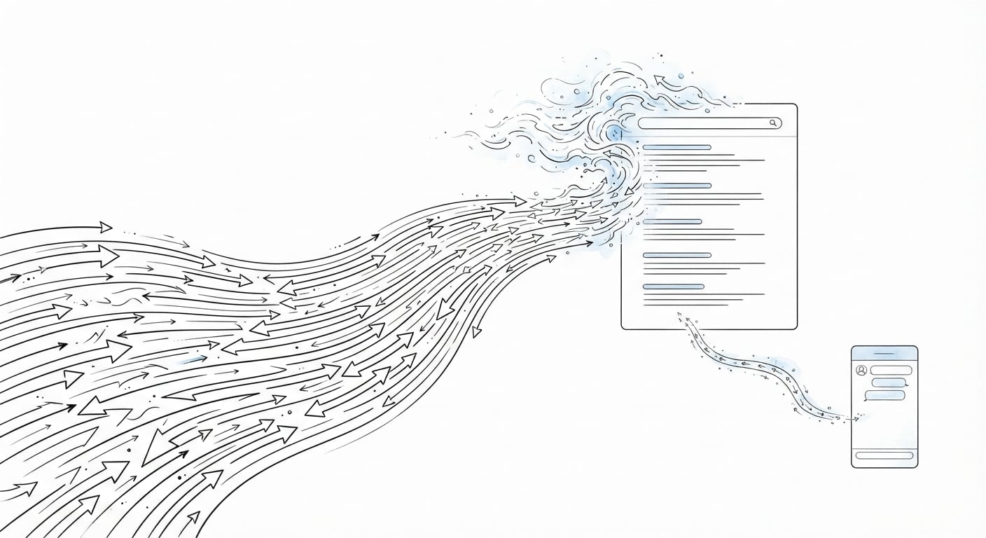 Ein Fluss aus Traffic verdunstet an der Suchergebnisseite, während nur ein dünnes Rinnsal ein Chatbot-Fenster erreicht