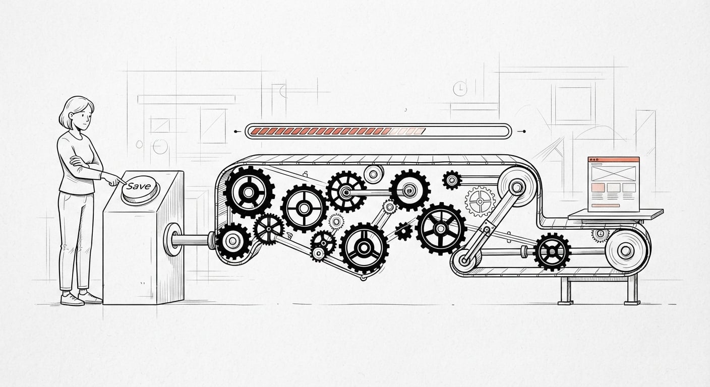 Ein Speichern-Button, der in eine langsame Build-Pipeline mündet, bevor die Seite live geht