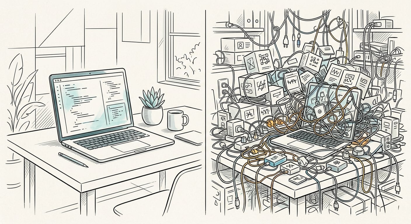 Aufgeräumtes minimales Code-Setup versus überladenes WordPress-Plugin-Chaos