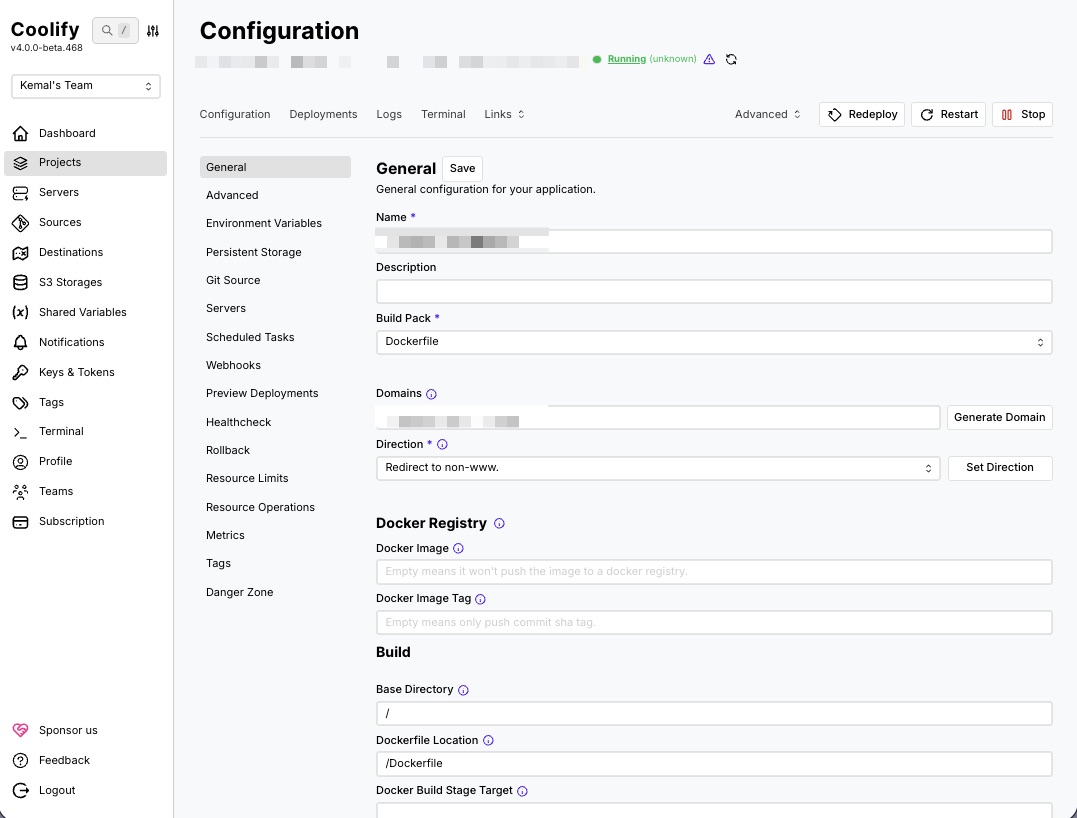 Coolify Konfiguration mit Dockerfile Build Pack