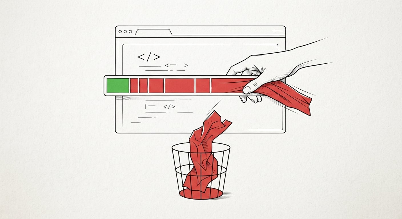 Die Coverage-Leiste der Chrome DevTools zeigt überwiegend ungenutzten Code, der in einen Papierkorb gezogen wird