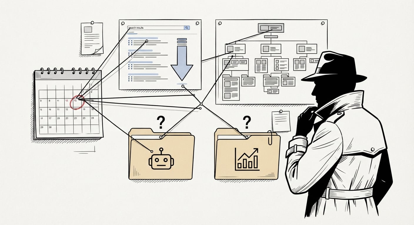 Diagnose, ob ein Traffic-Einbruch ein Ranking-Problem oder ein AI-Overview-Problem ist, Detektiv-Beweiswand