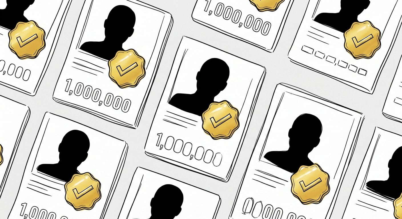 Profilkarten mit goldenen verifizierten Badges und hohen Follower-Zahlen, aber leeren Gesichtern, zeigen hergestellte Autorität
