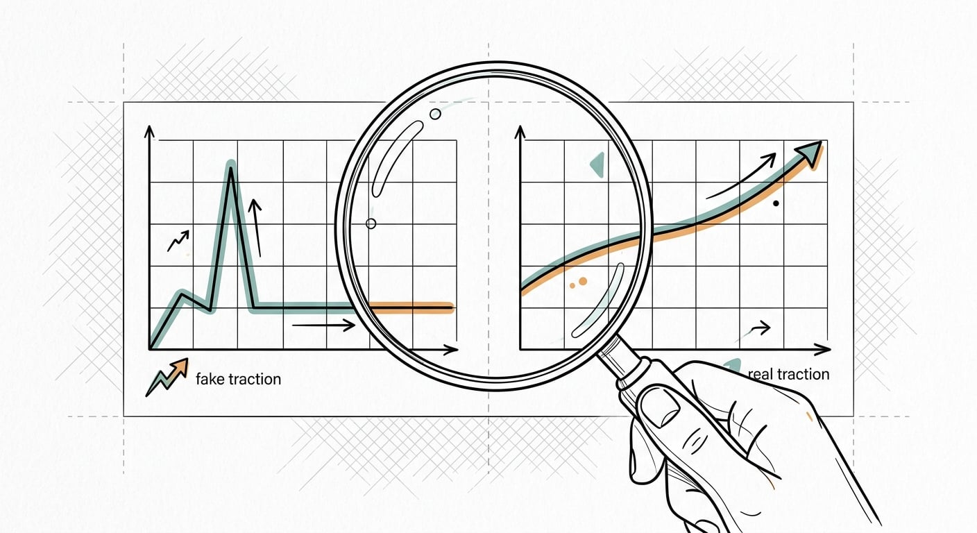 Eine Lupe vergleicht einen Spike-dann-Flatline-Graph mit einer stetigen Retention-Kurve, wie man echte Traction erkennt