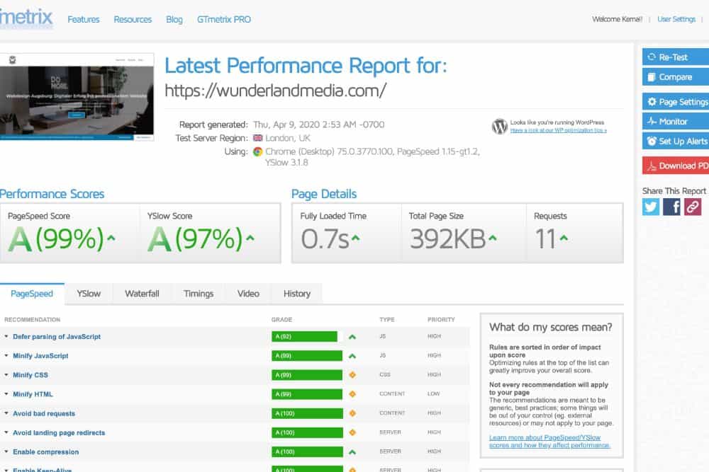 gtmetrix best score website ladezeit