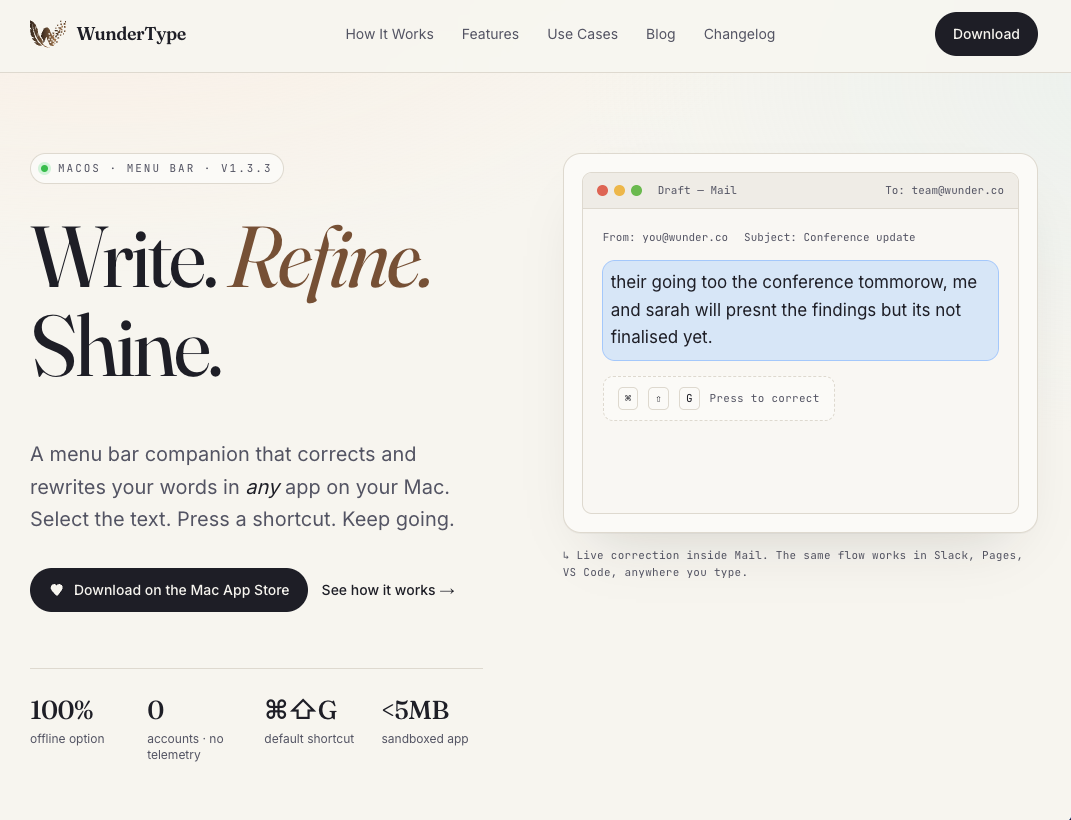 WunderType redesignte Hero-Section mit Write Refine Shine