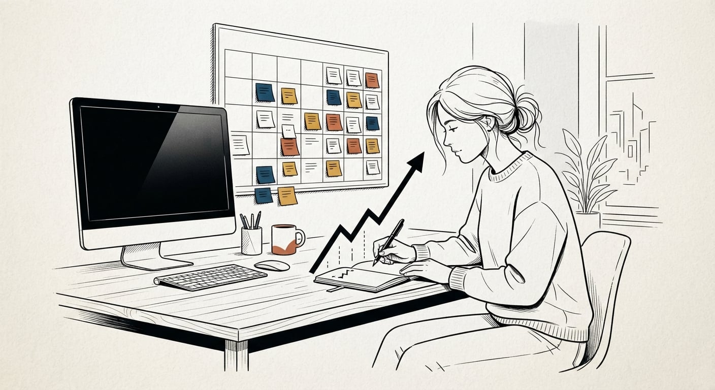 Marketing-Ergebnisse werden per Hand in Notizbuch und Kalender verfolgt statt über ein Analytics-Dashboard