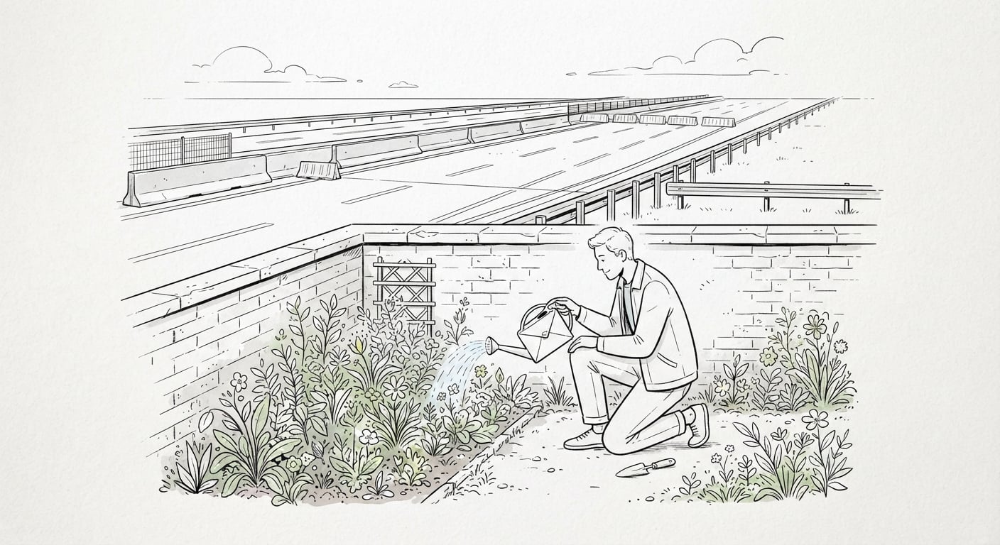 Eine Person pflegt einen kleinen ummauerten Garten mit einer briefumschlagförmigen Gießkanne, daneben eine geschlossene leere Autobahn