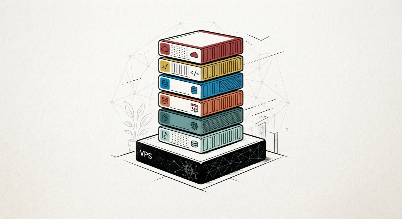 Strichzeichnung von Docker-Containern, die auf einer einzigen VPS-Kiste gestapelt sind