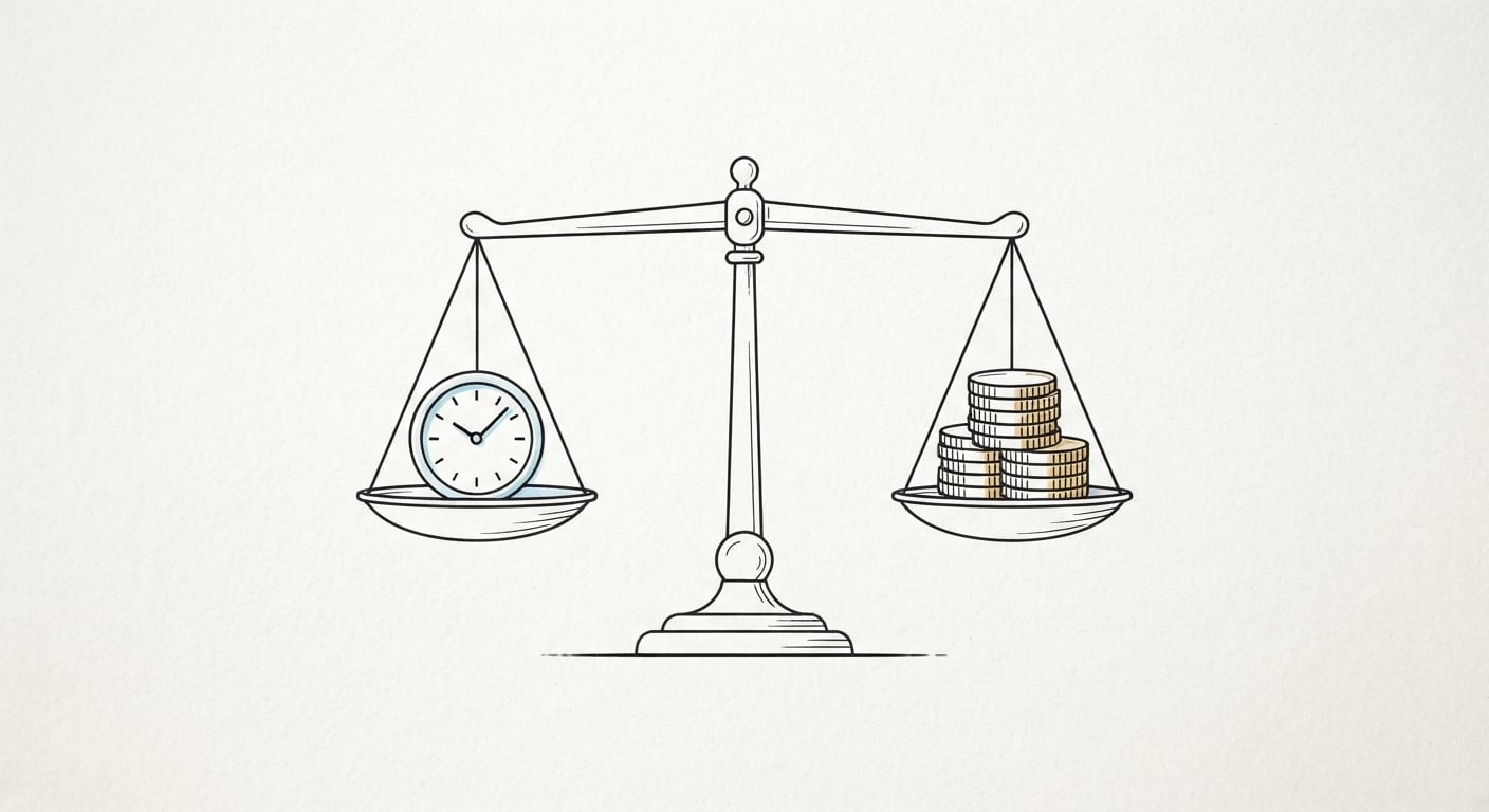 Strichzeichnung einer Waage, die Wartungsstunden gegen gespartes Geld abwägt