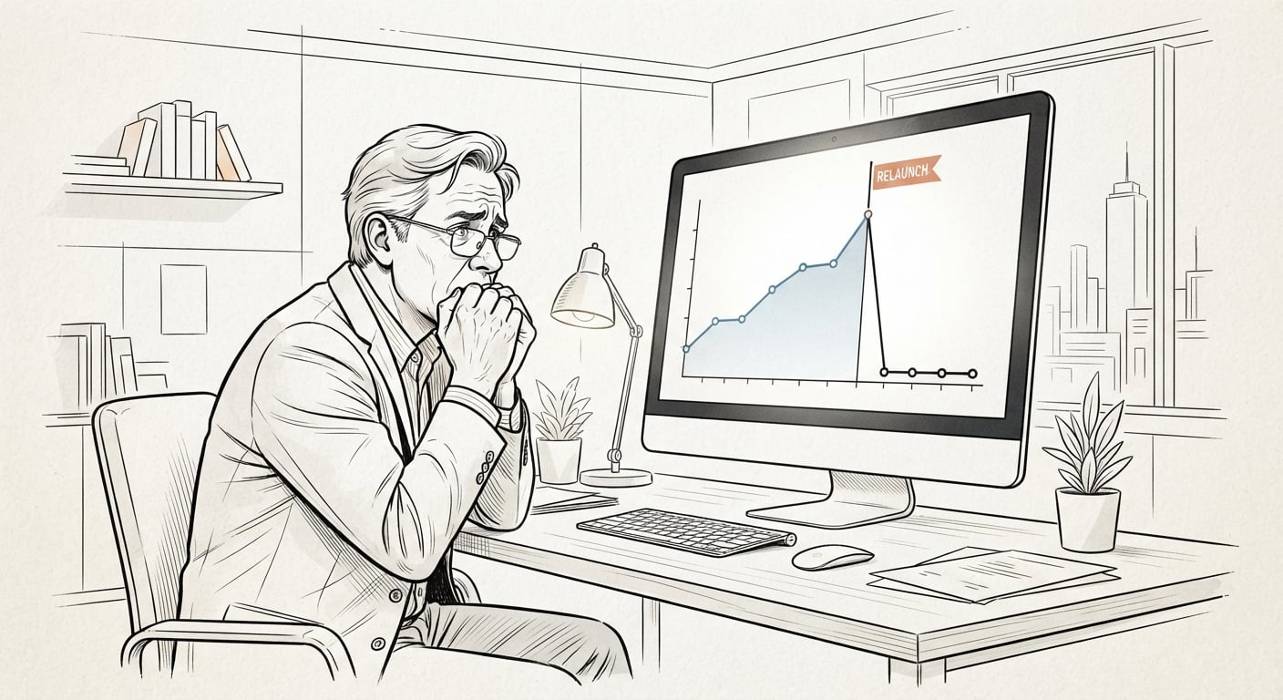 Website-Traffic-Kurve stürzt nach einem Redesign-Relaunch ab, während der Inhaber besorgt zusieht