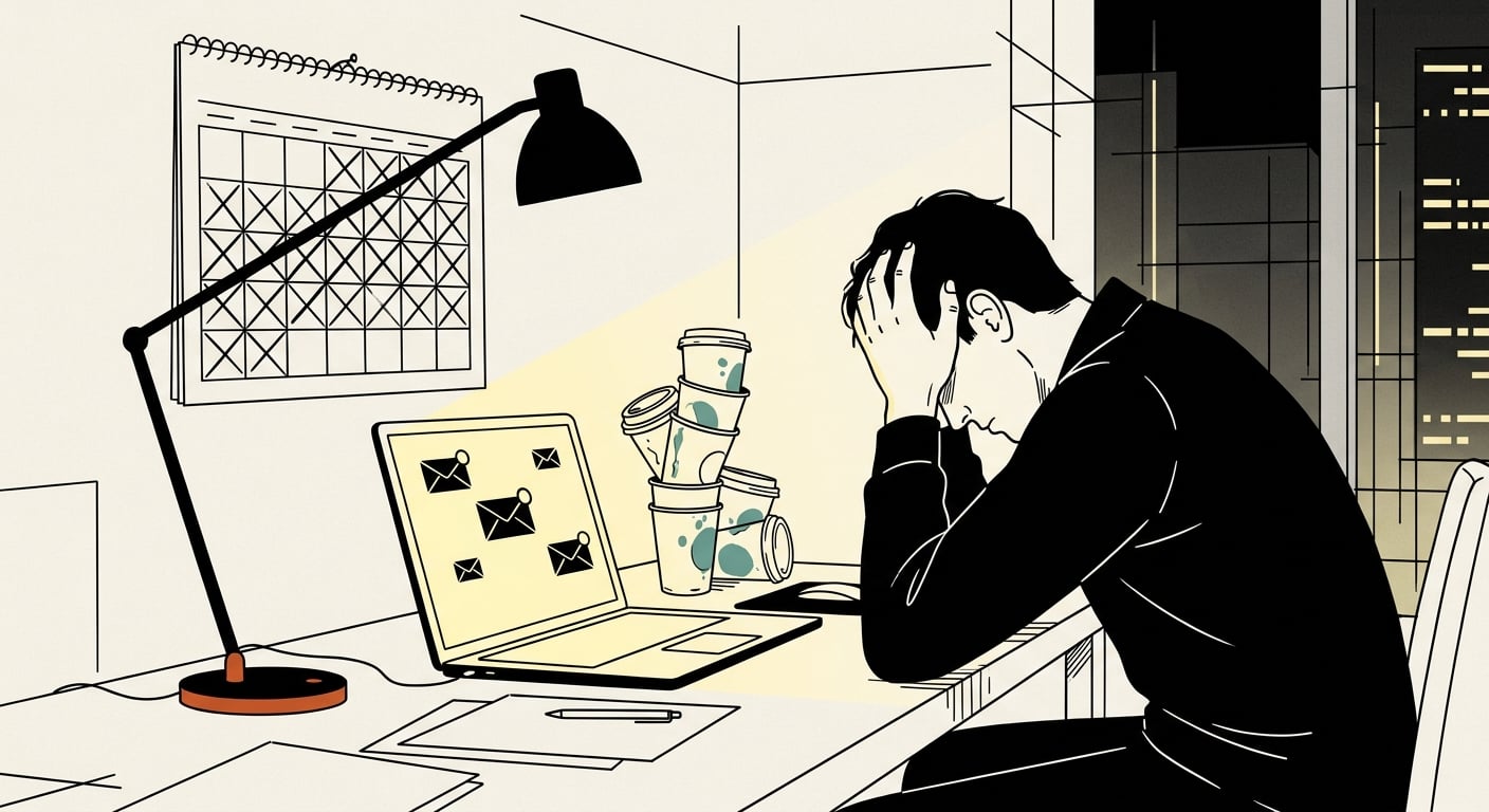 Ausgebrannter Freelancer arbeitet spät nachts allein, umgeben von Kaffeetassen und ungelesenen Nachrichten