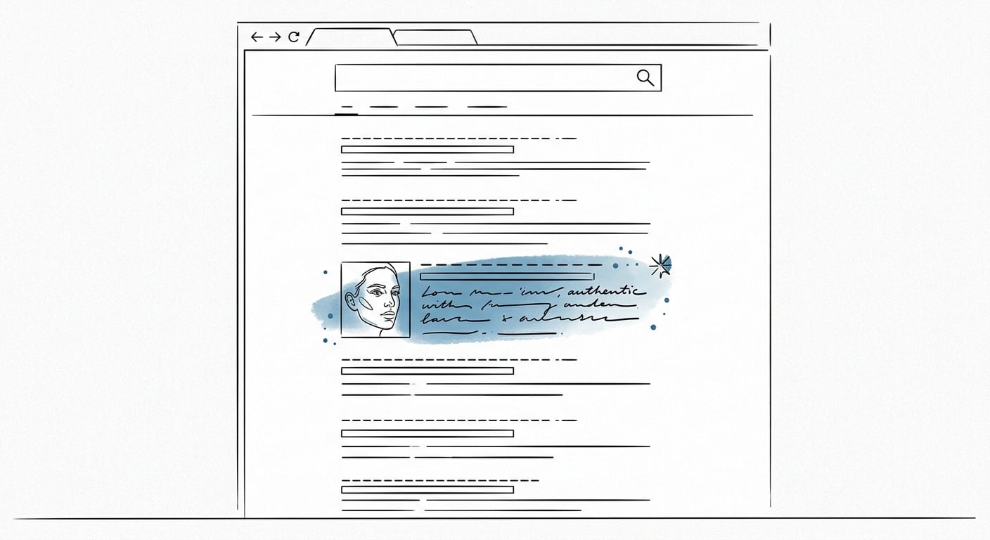 Suchergebnisseite mit homogenisiertem KI-Content, ein authentisches Ergebnis sticht hervor