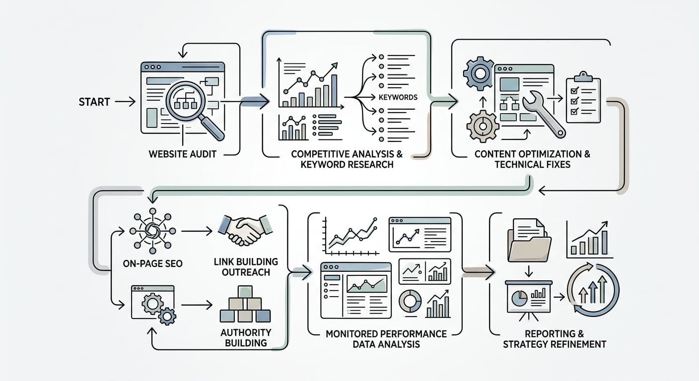Ein strukturiertes SEO-Prozess-Flussdiagramm mit transparenten Workflow-Schritten
