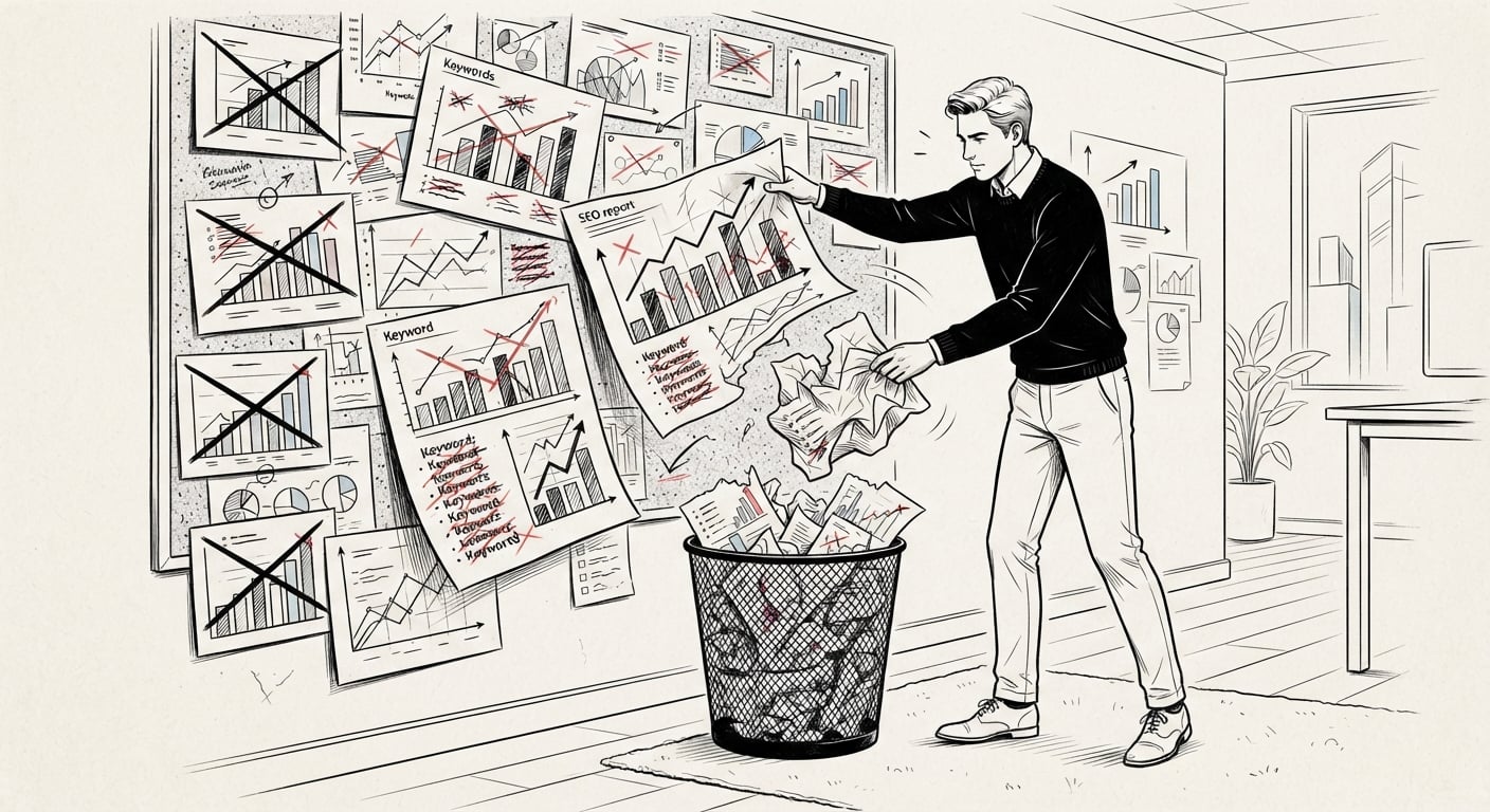 Alte Keyword-Ranking-Reports und Dashboards werden von der Wand genommen und entsorgt