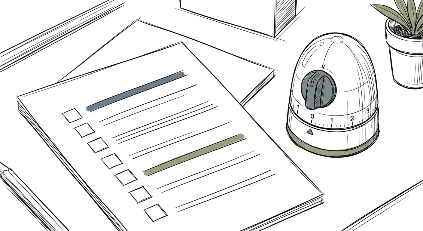 SEO-Wartungs-Checkliste mit Timer auf dem Schreibtisch