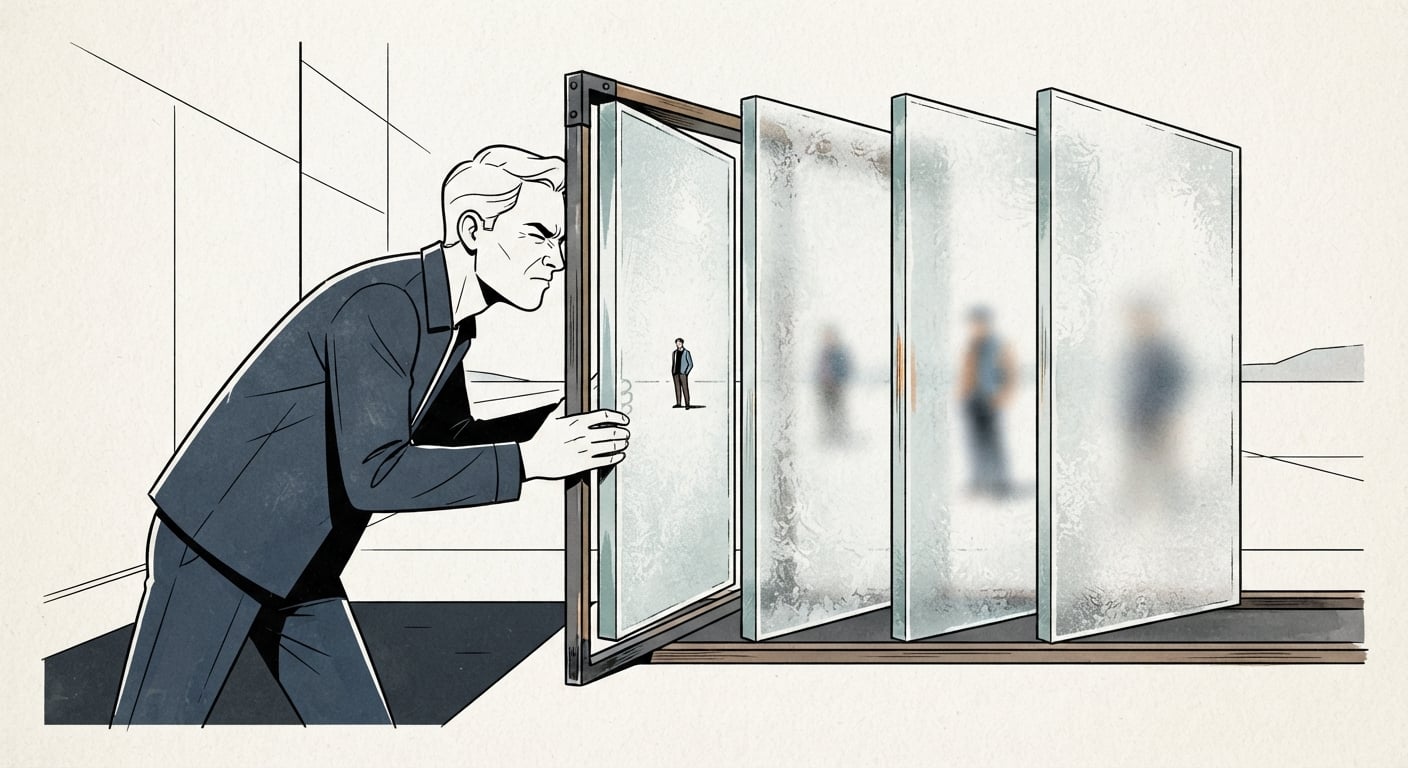 Blick durch gestapelte Milchglasscheiben, ein Bild dafür, wie Cookie-Consent, Blocker und Geräte die Analytics-Daten trüben