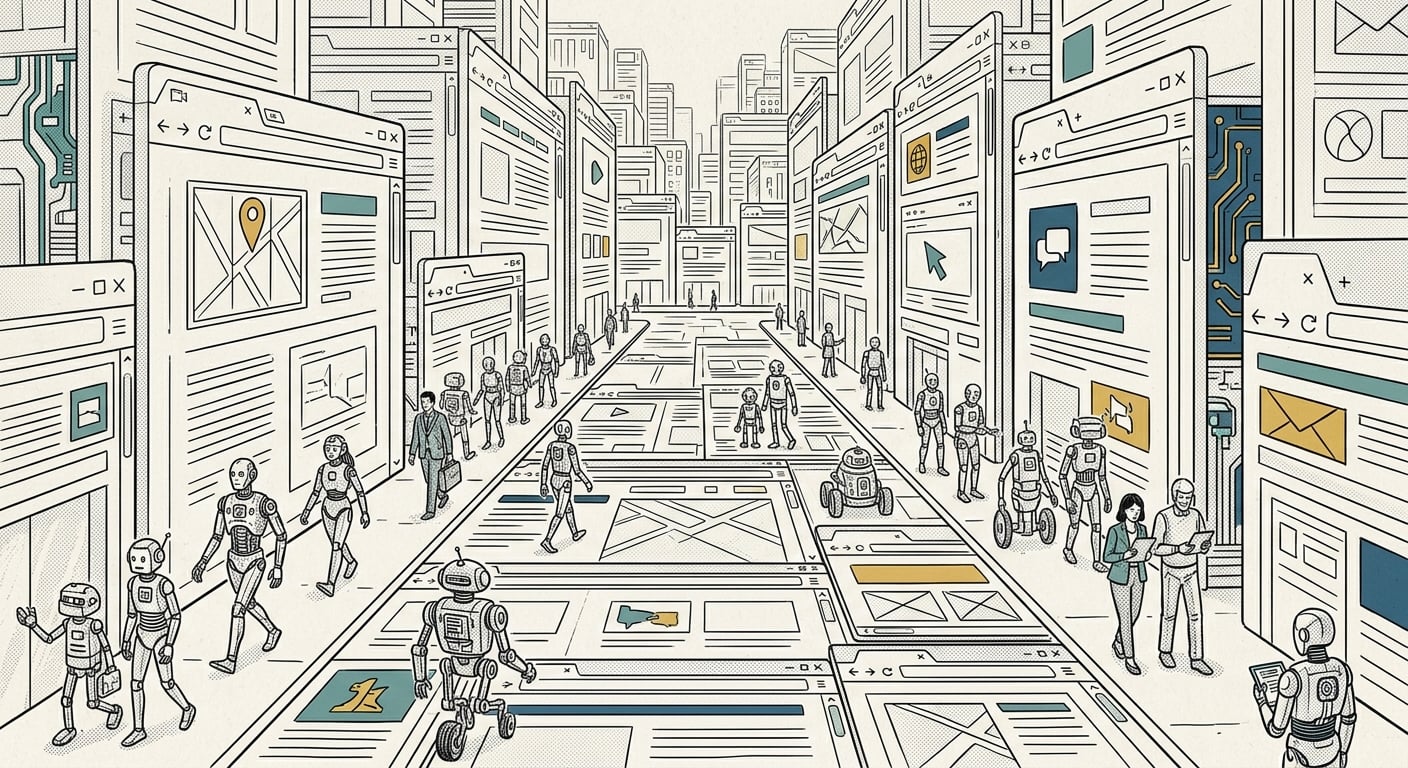 Mehr als die Hälfte des Web-Traffics sind Bots, dargestellt als Straße voller Roboter