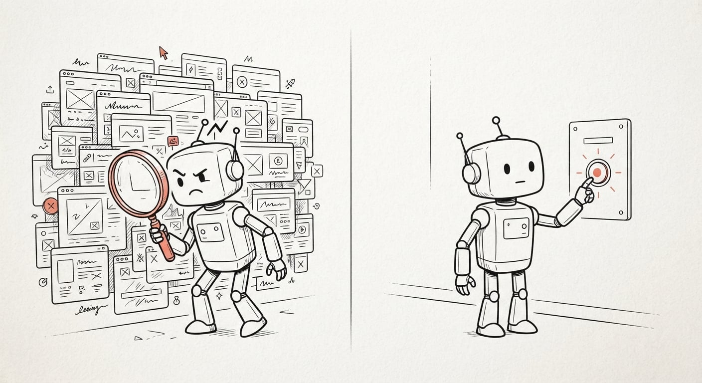 Ein Roboter, der auf einer Seite herumrät, gegen einen Roboter, der einen klar beschrifteten Tool-Knopf drückt