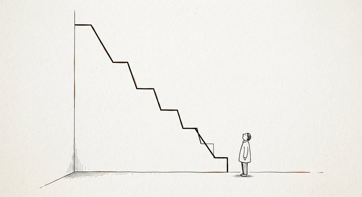 Strichzeichnung einer Person, die zu einem fallenden Diagramm in Treppenform hochschaut