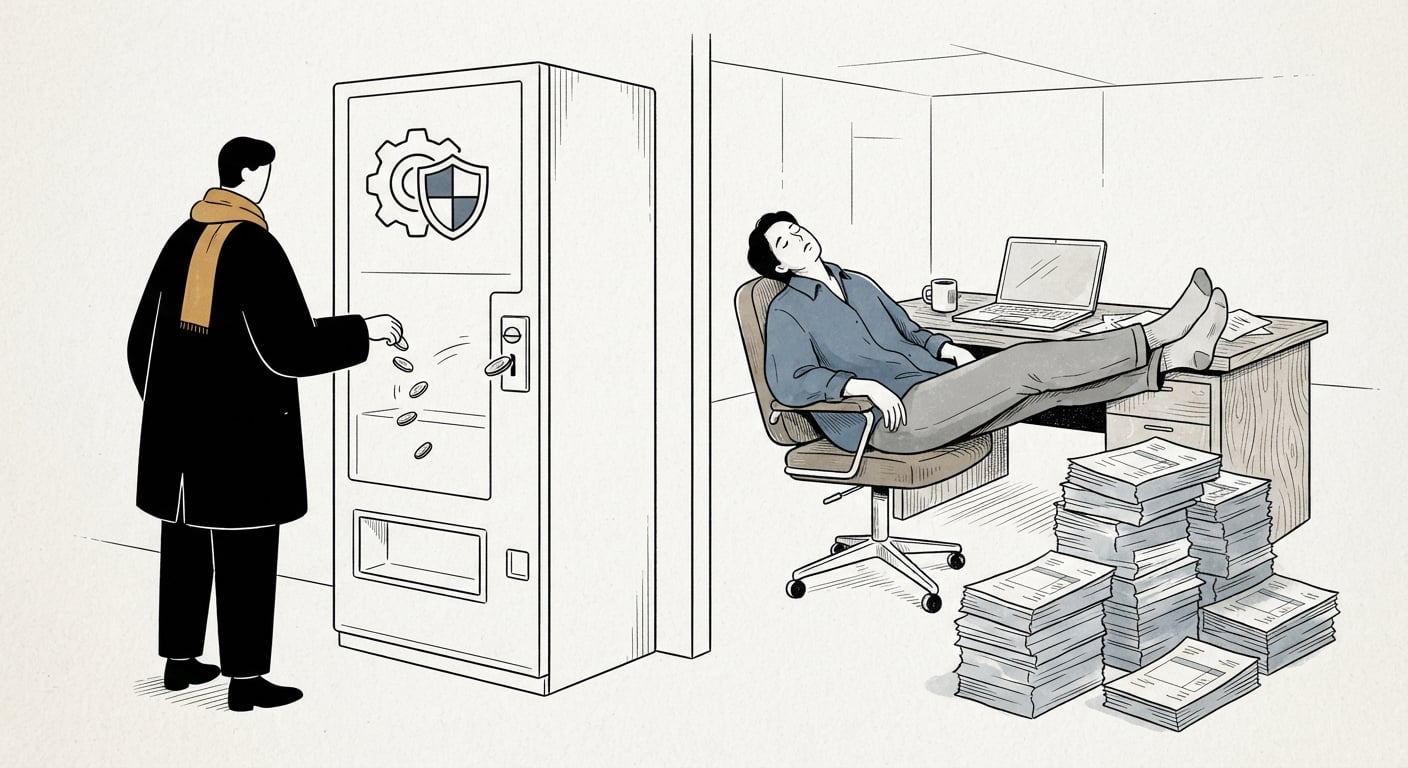 Unternehmer wirft Geld in einen Wartungsvertrag-Automaten, der nichts ausgibt