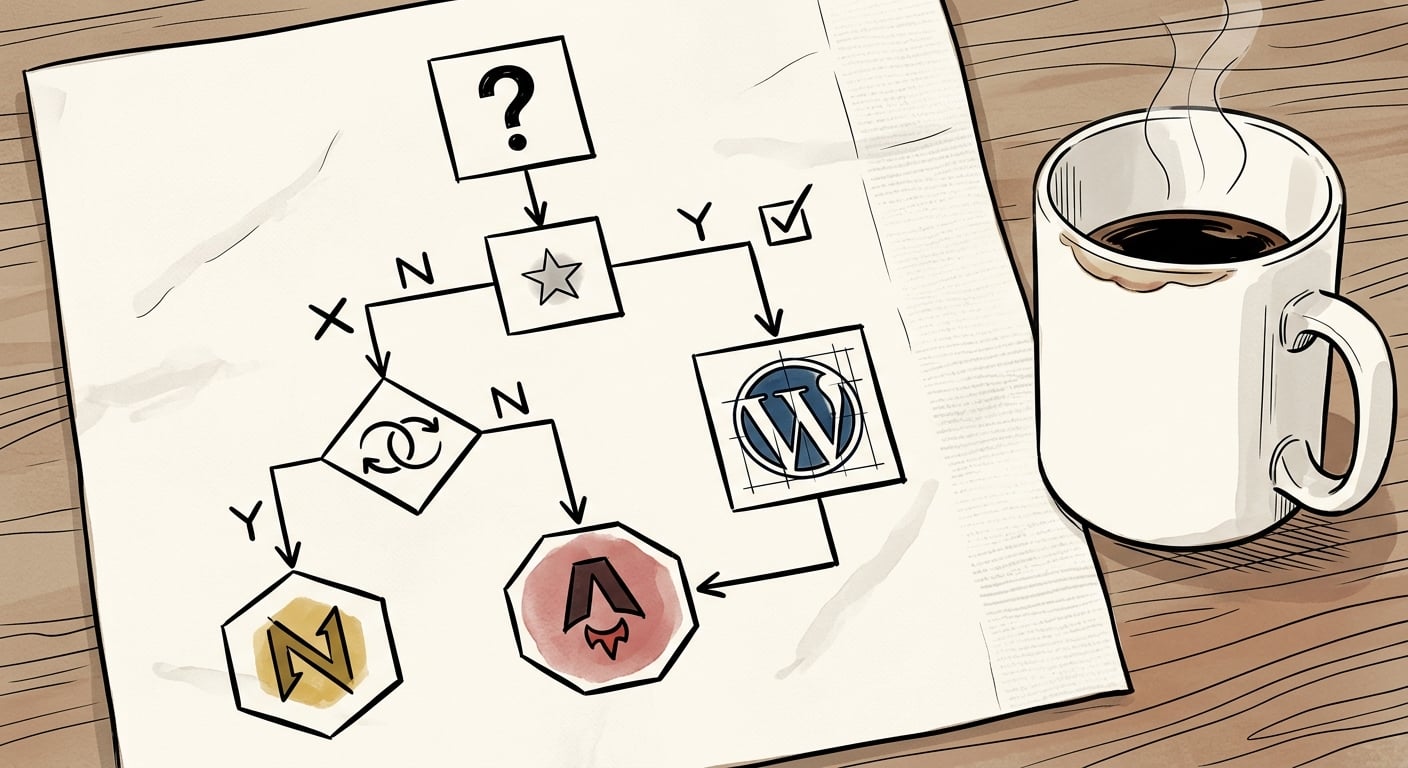 Einfacher Entscheidungsbaum zur Wahl zwischen WordPress Next.js und Astro