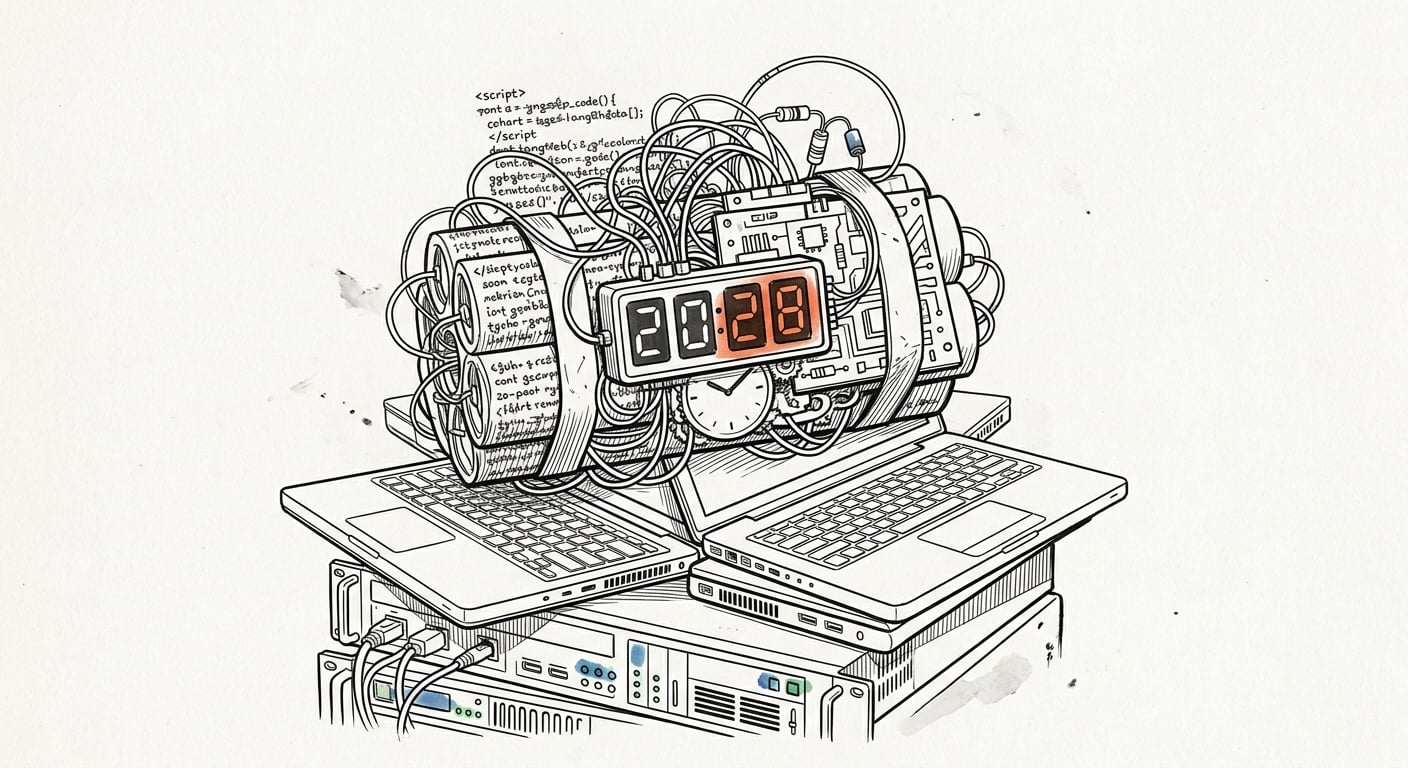 Zeitbombe aus Code mit Countdown bis 2028 auf einem Stapel Server