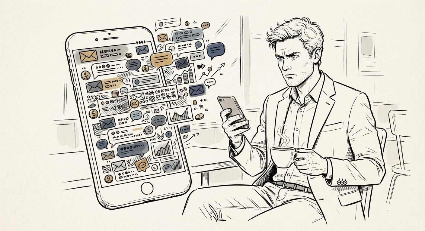 Ein Handy voller Kaltakquise-Nachrichten, die billige AI-Websites anbieten