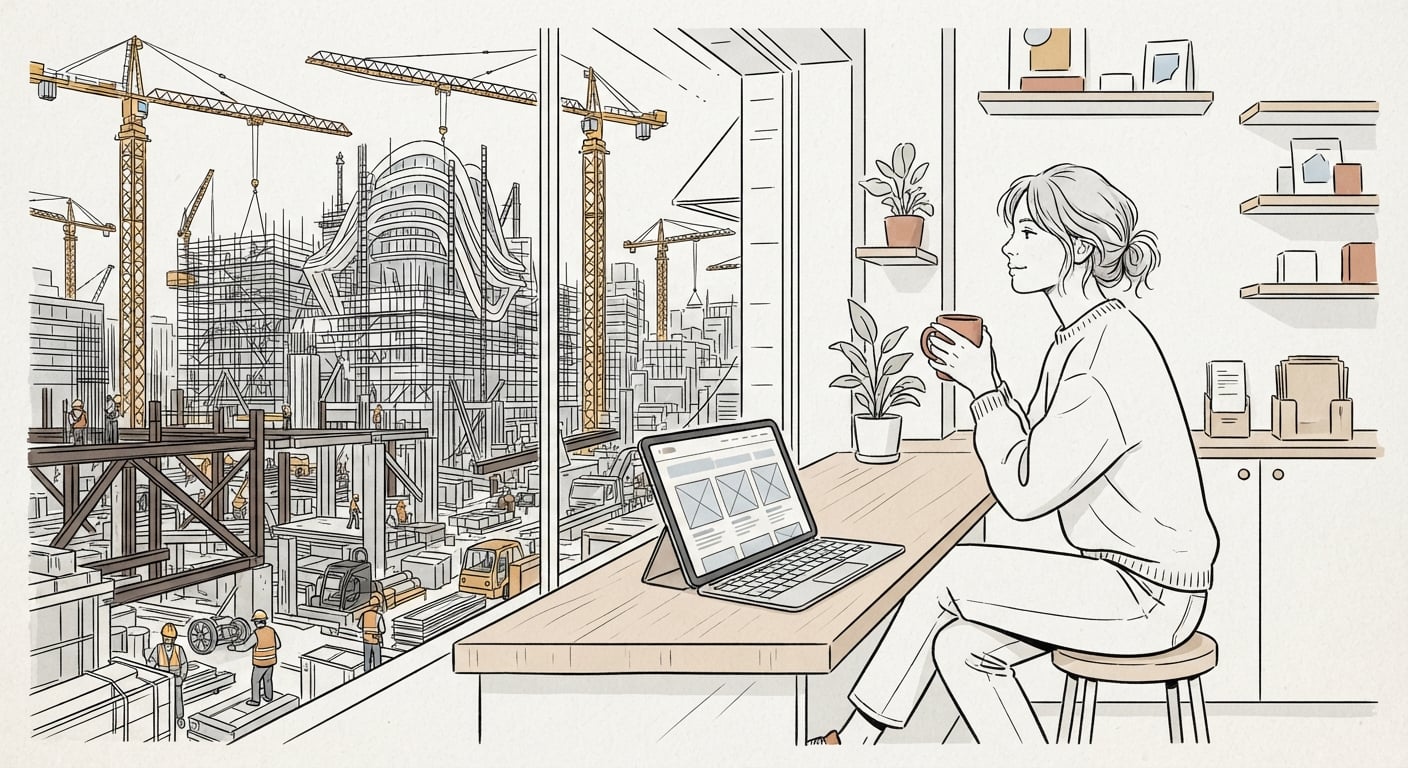 Auf dem Website-Baukasten bleiben: ein entspannter kleiner Laden neben einer überdimensionierten Custom-Baustelle