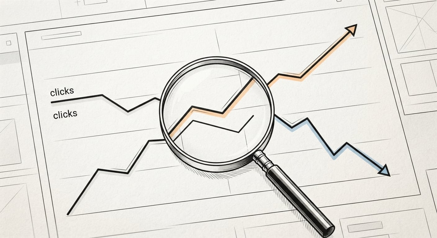Search-Console-Diagramm mit steigenden Impressionen bei fallenden Klicks, das klassische Muster eines Traffic-Einbruchs durch AI Overviews