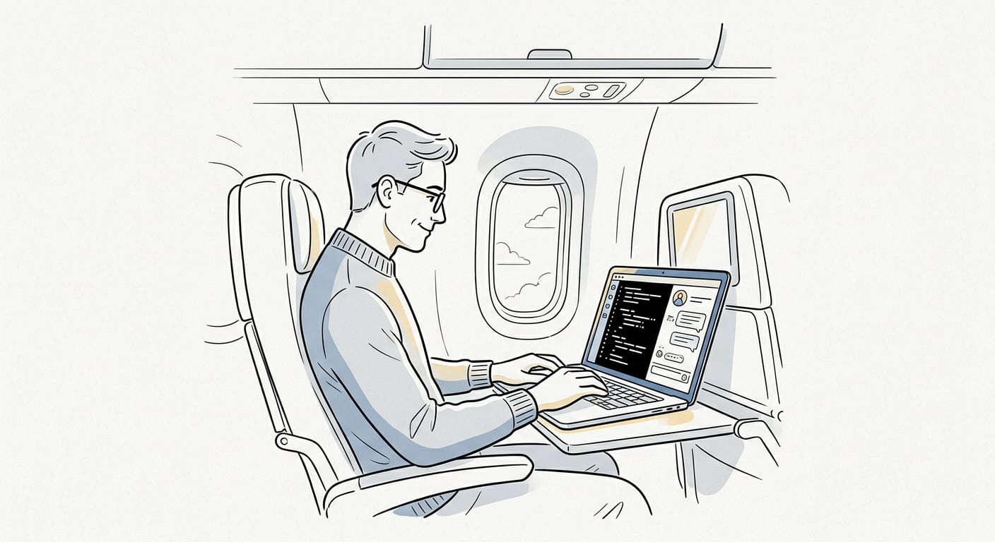 Solo-Entwickler nutzt lokalen AI Coding Agent offline im Flugzeug