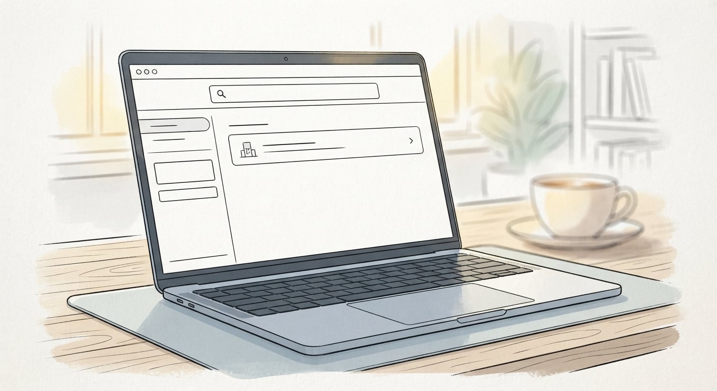 Ein Laptop zeigt Googles Quelleneinstellungen mit einer Domain im Suchfeld