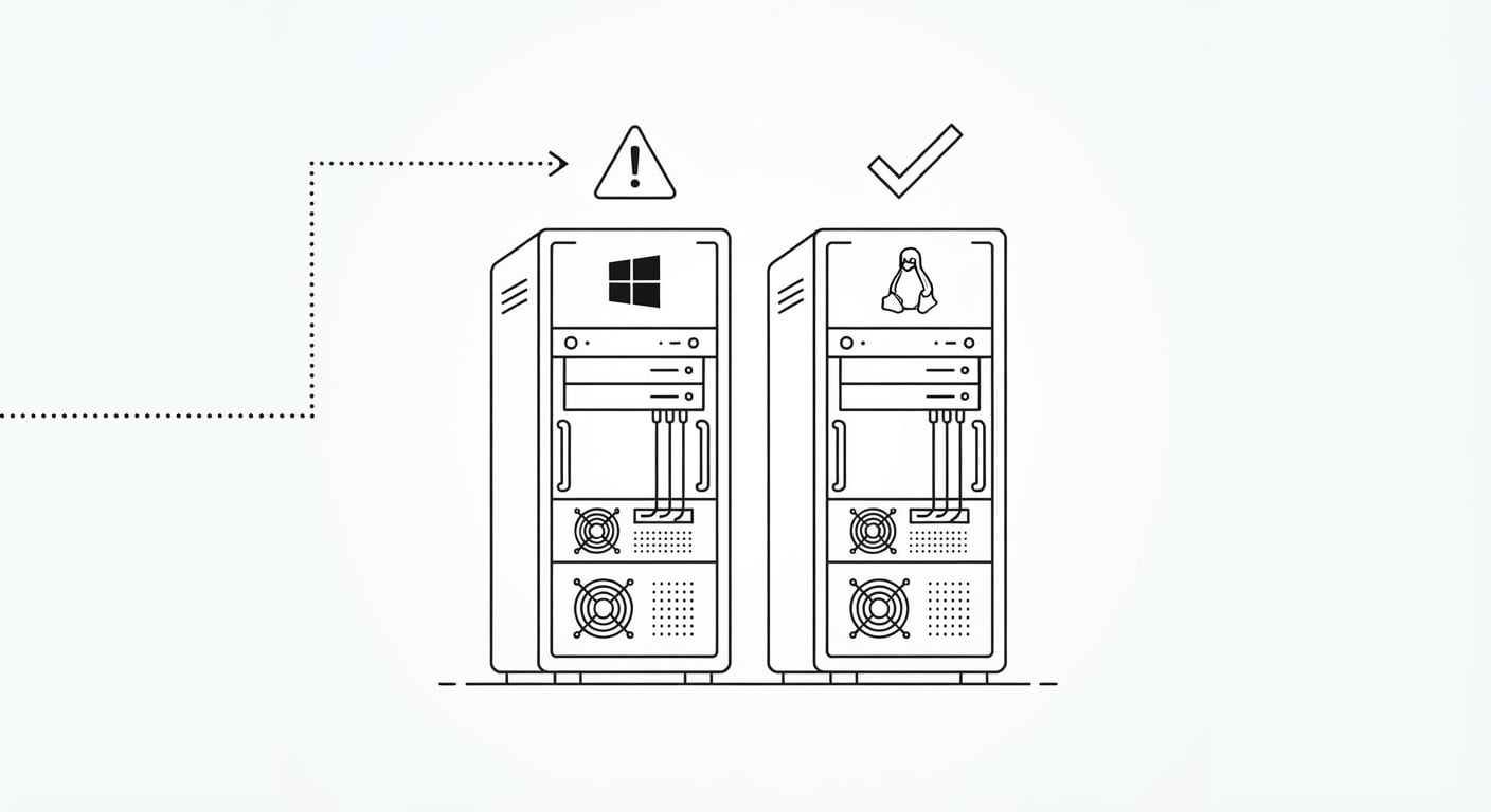 Strichzeichnung: ein Windows-gehosteter Server mit Warnzeichen gegenüber einem als sicher markierten Linux-Server