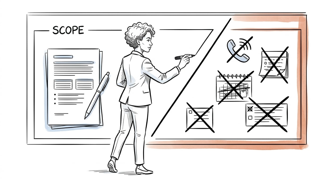Freelancer zeichnet klare Projektgrenzen auf ein Whiteboard mit Scope-Dokument