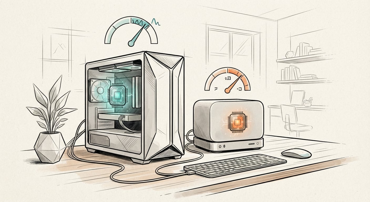 Ein Mac und ein GPU-Tower, die lokale Coding-Modelle mit Tokens-pro-Sekunde-Anzeigen laufen lassen