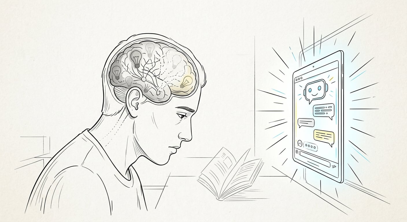 Gehirn mit verblassenden neuronalen Verbindungen, während ein KI-Chatbot den Denkprozess übernimmt