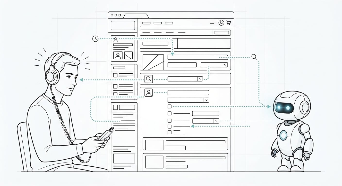 Strichzeichnung: eine Screenreader-Nutzerin und ein Roboter folgen denselben Strukturlinien durch eine Webseite