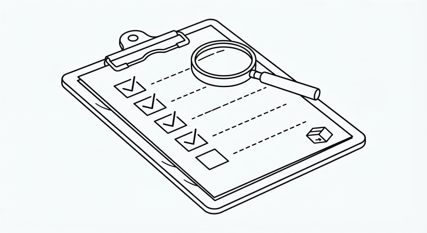 Strichzeichnung einer Checkliste und einer Lupe zur Prüfung eines Next.js-Deployments