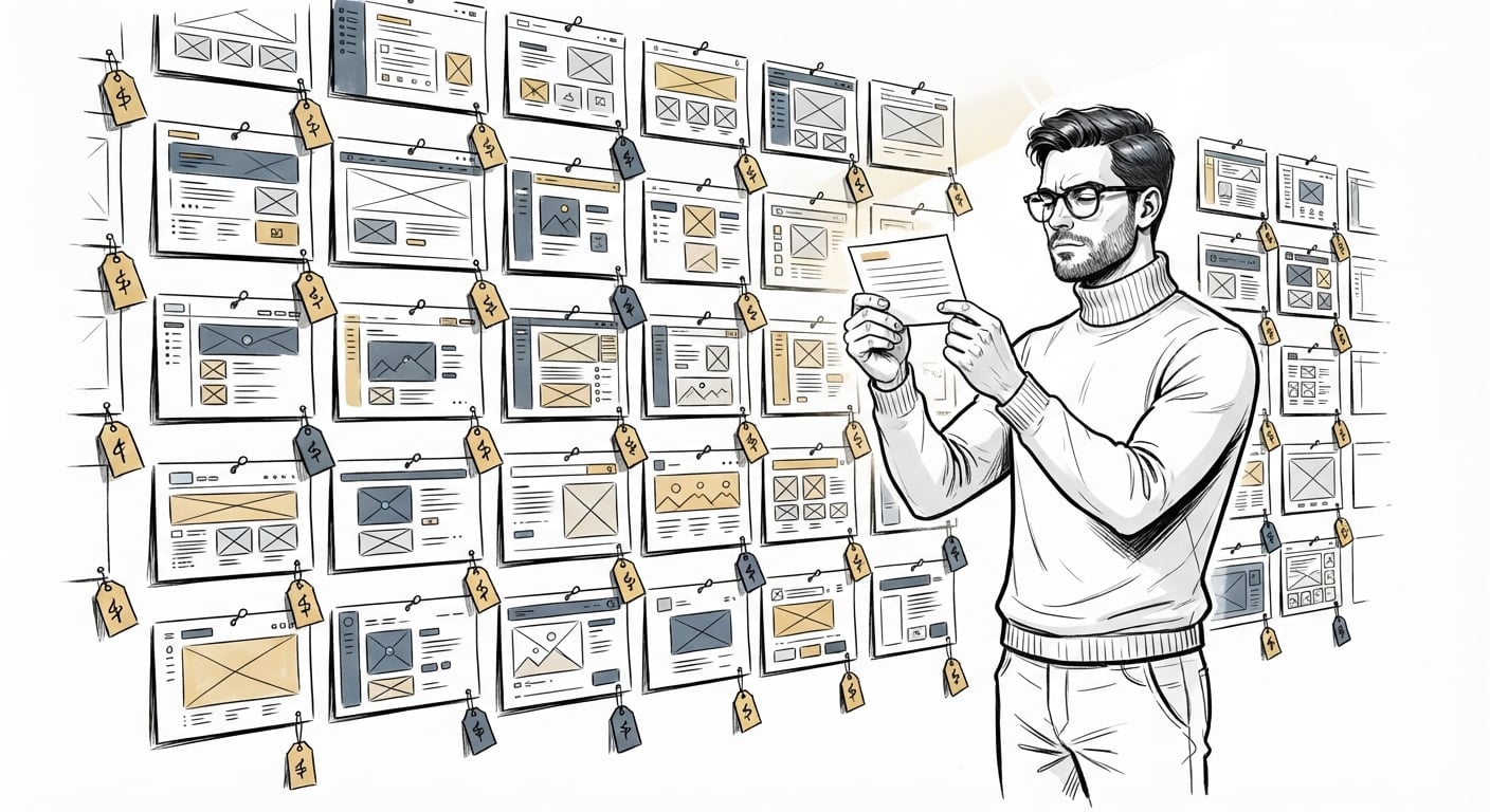 Mehrere Headless-CMS-Optionen mit Preisschildern an eine Wand geheftet und verglichen