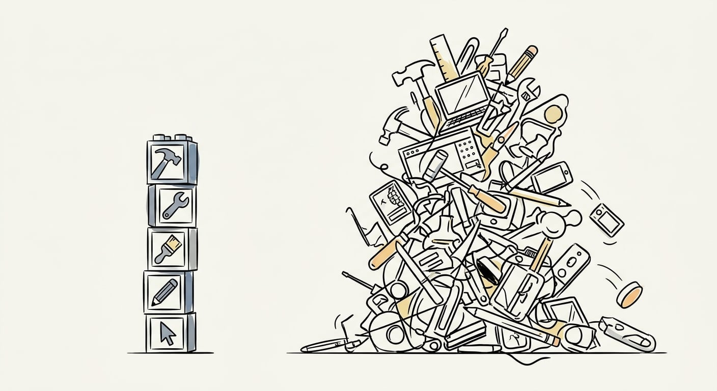 Minimaler effektiver Tool-Stack versus aufgeblähter chaotischer Tool-Haufen im Vergleich