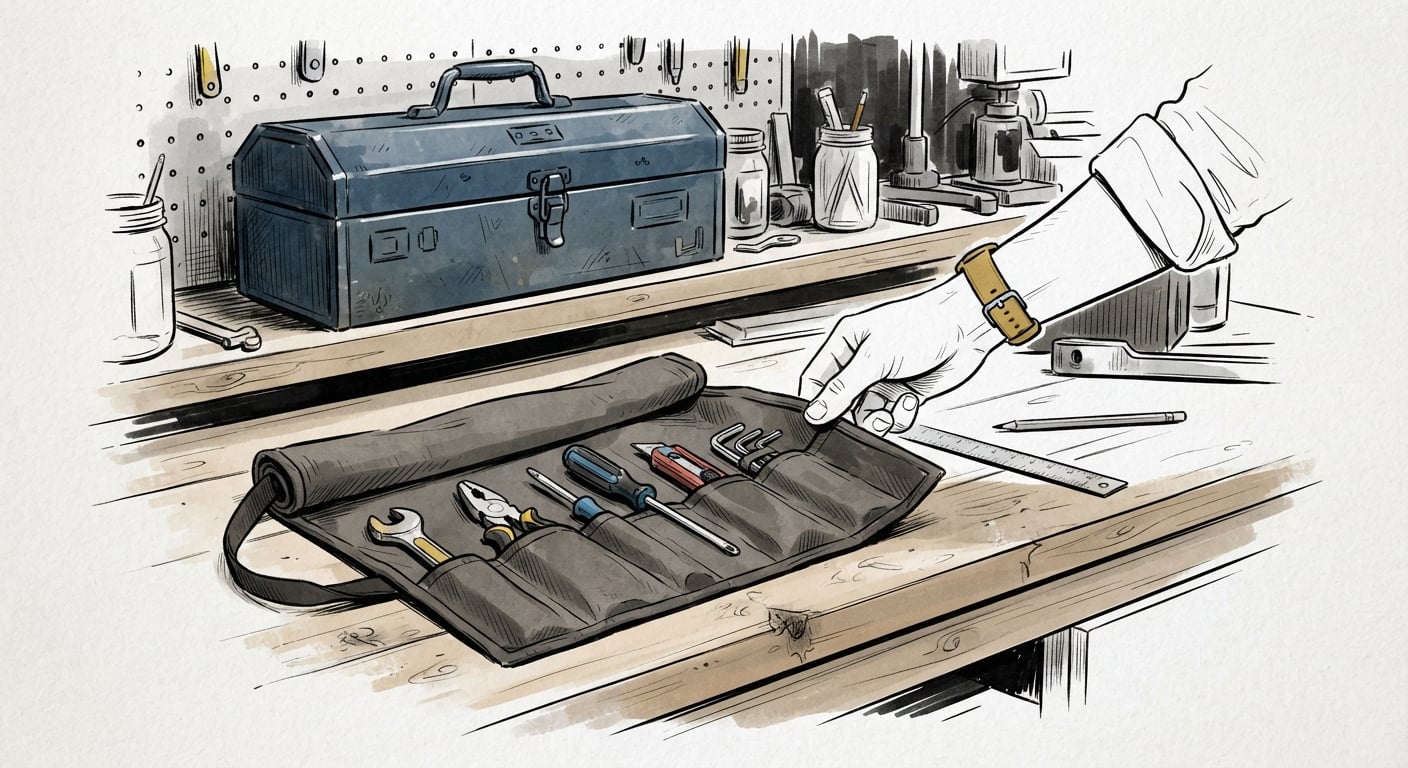 Ein kleiner kuratierter Werkzeugbeutel statt eines überfüllten Werkzeugkastens, als Bild für schmale Toolsets pro Aufgabe