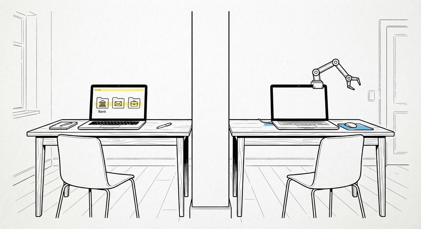 Strichzeichnung zweier durch eine Wand getrennter Schreibtische, einer mit sensiblen Konten, einer mit einem experimentellen Agenten-Laptop